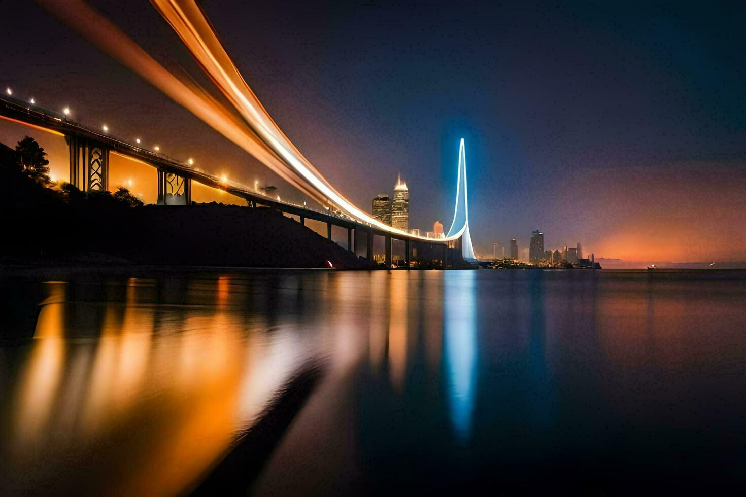 de brug Bij nacht met lang blootstelling. ai-gegenereerd foto