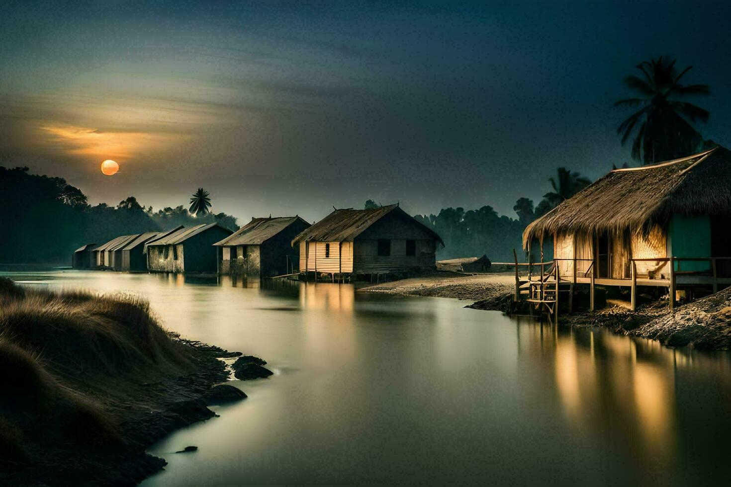 de zon sets over- een rivier- en meerdere hutten. ai-gegenereerd foto