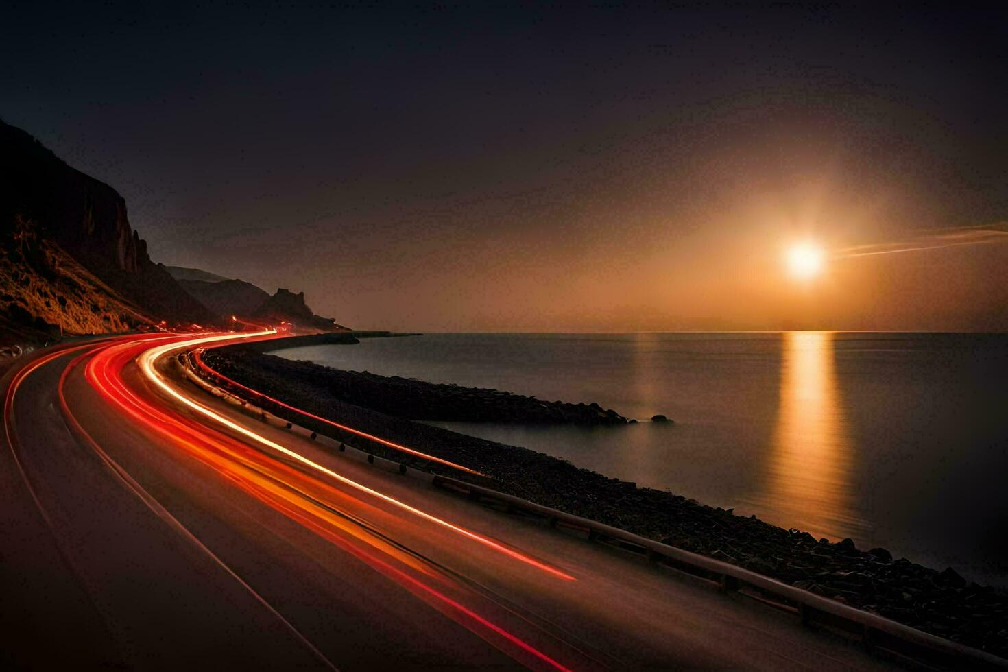 een lang blootstelling fotograaf van een weg en de oceaan Bij zonsondergang. ai-gegenereerd foto