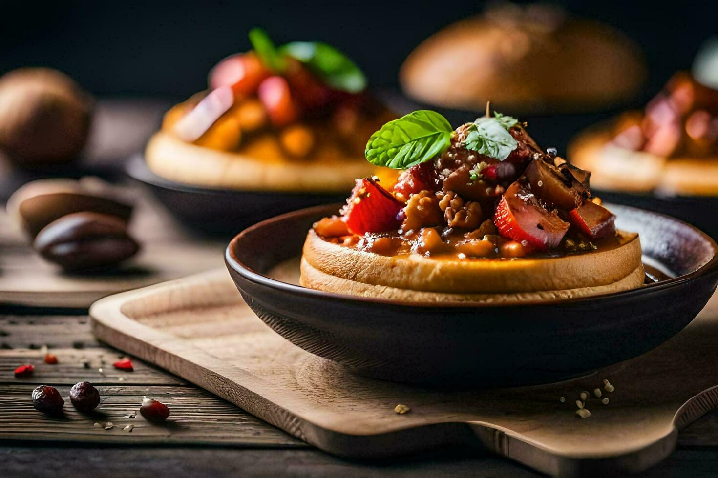 een kom van voedsel met fruit en noten Aan een houten tafel. ai-gegenereerd foto