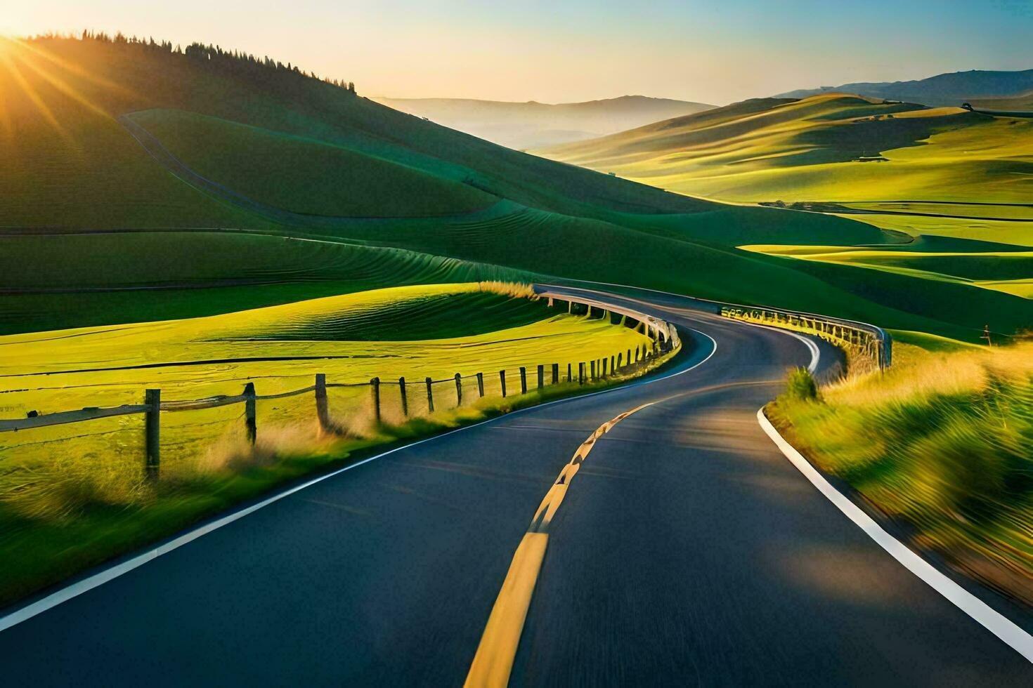 een kronkelend weg in de midden- van een groen veld. ai-gegenereerd foto