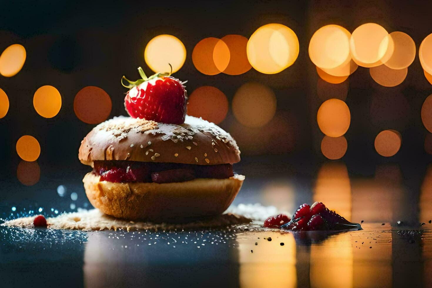 een aardbei Aan top van een Hamburger met een bokeh achtergrond. ai-gegenereerd foto