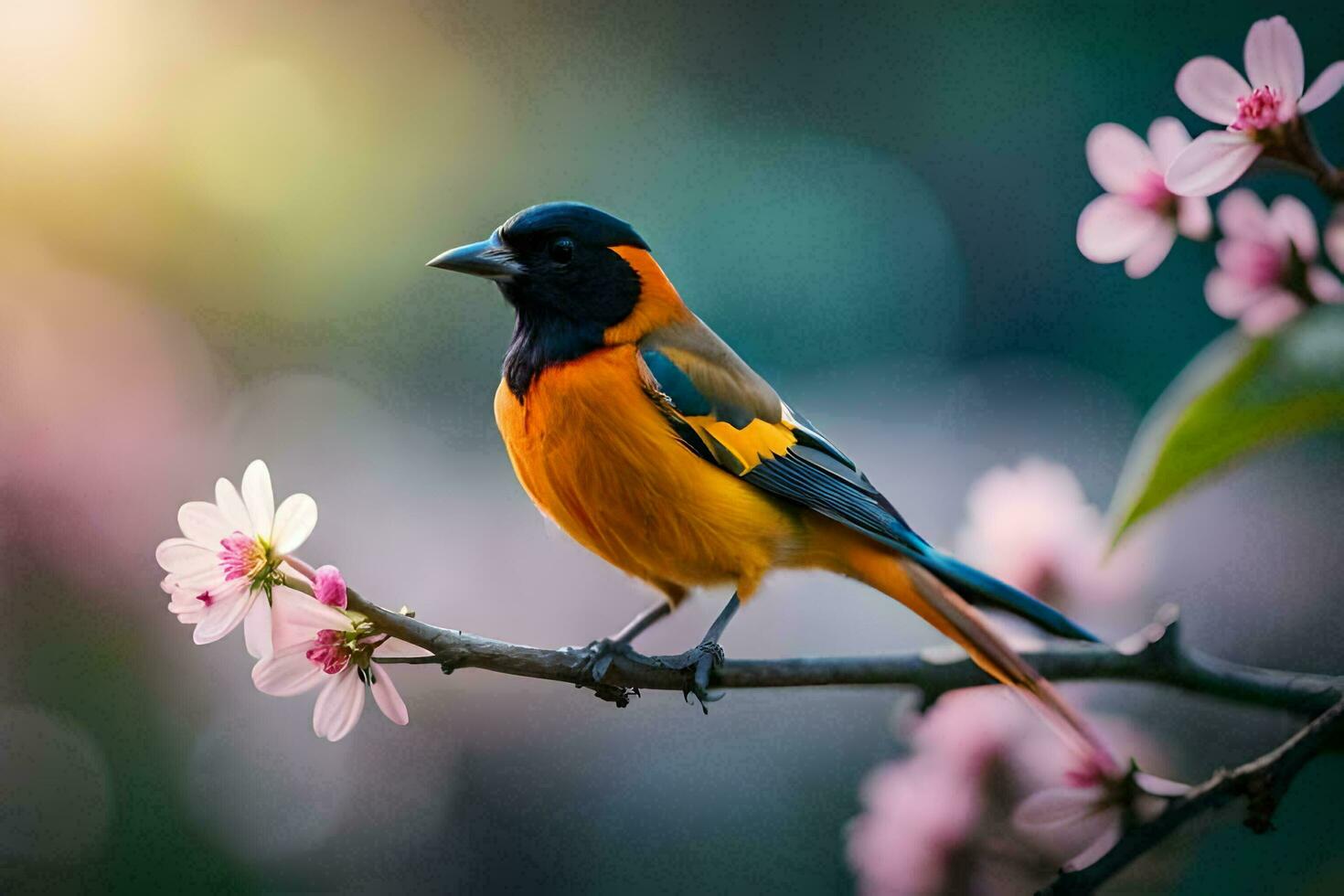 een vogel zit Aan een Afdeling met roze bloemen. ai-gegenereerd foto