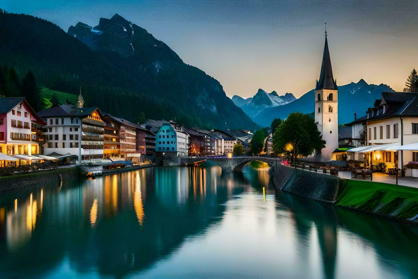 foto behang de lucht, bergen, water, dorp, kerk, kerk torenspits, kerk sp. ai-gegenereerd