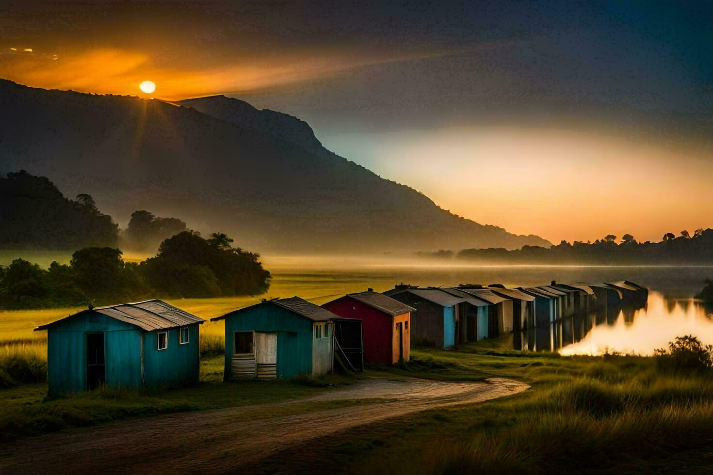 foto behang de lucht, zonsopkomst, de zon, de bergen, de meer, de water,. ai-gegenereerd