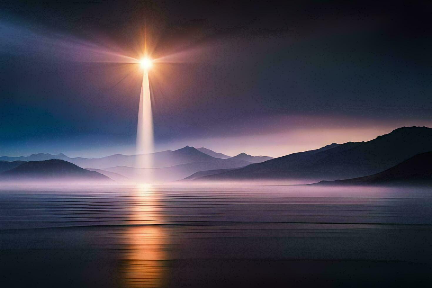 een helder licht schijnt over- de water en bergen. ai-gegenereerd foto