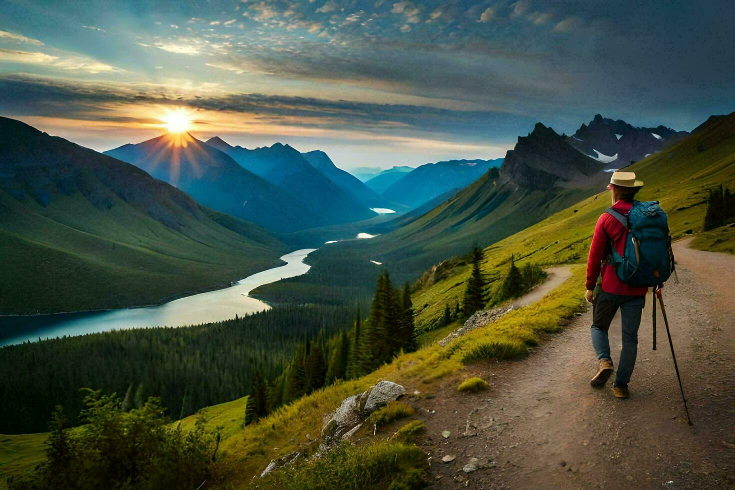 een Mens met een rugzak wandelingen langs een spoor in de bergen. ai-gegenereerd foto