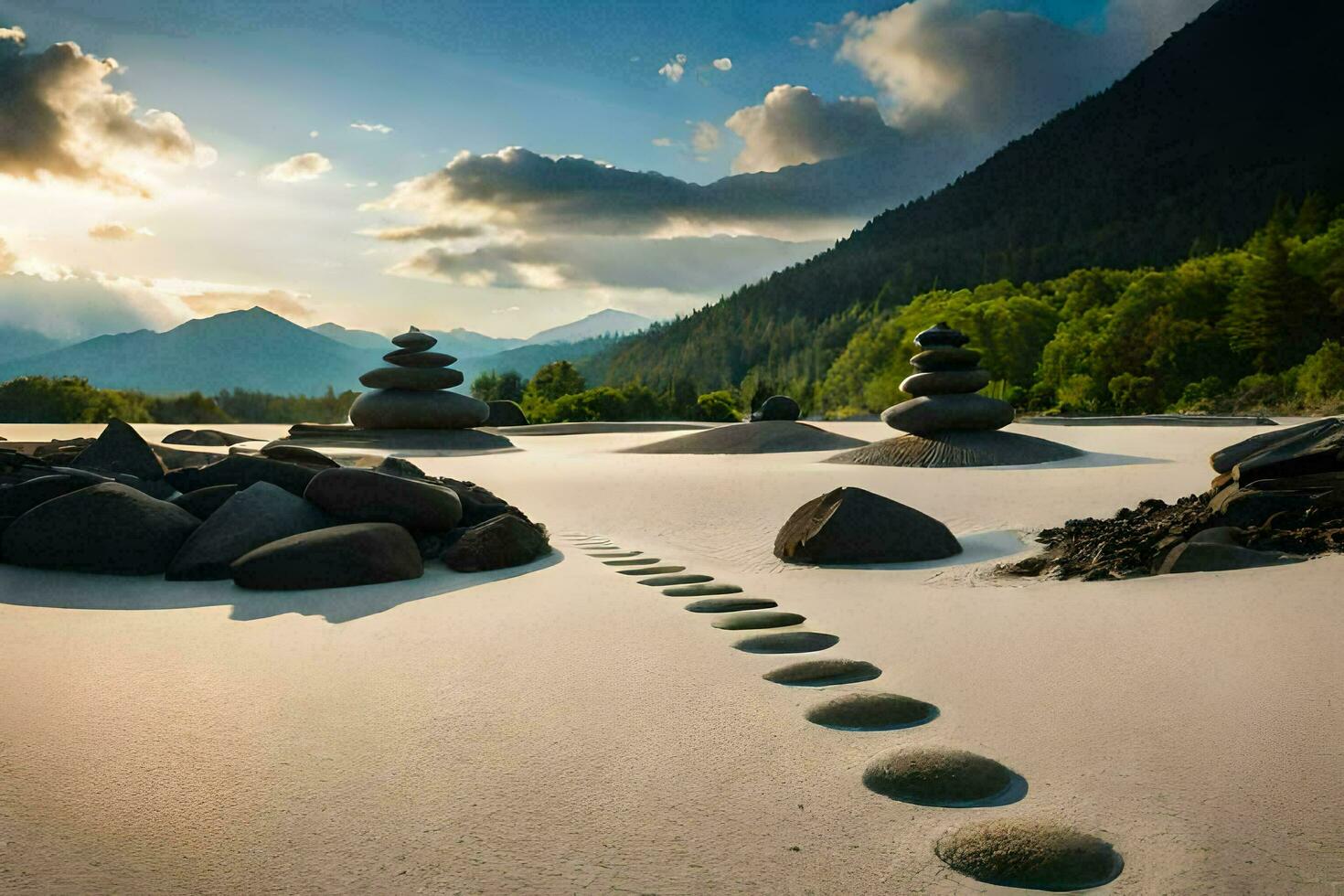 een pad van stenen Aan de strand met bergen in de achtergrond. ai-gegenereerd foto