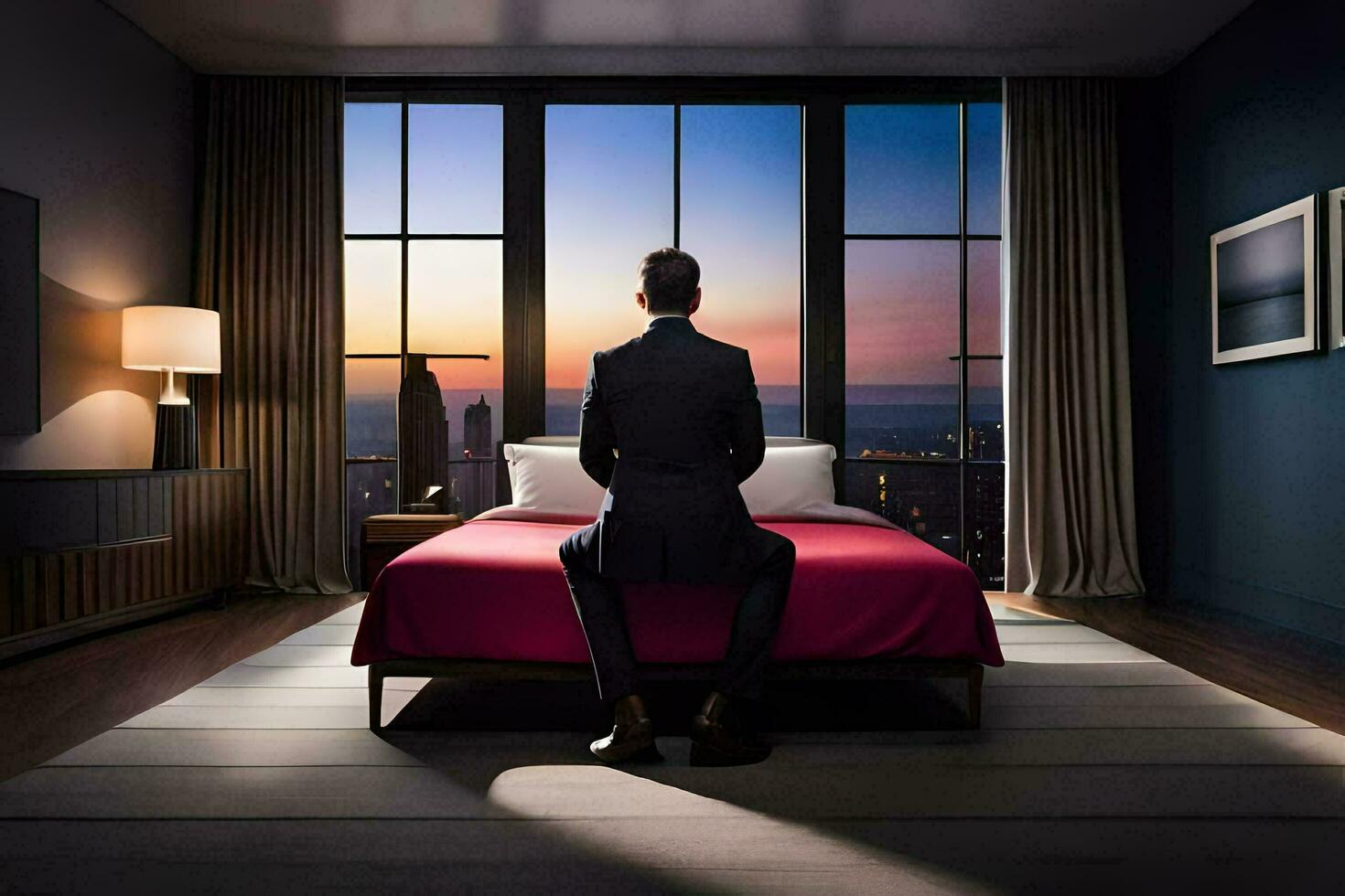 een Mens in een pak zit Aan een bed in voorkant van een groot venster. ai-gegenereerd foto