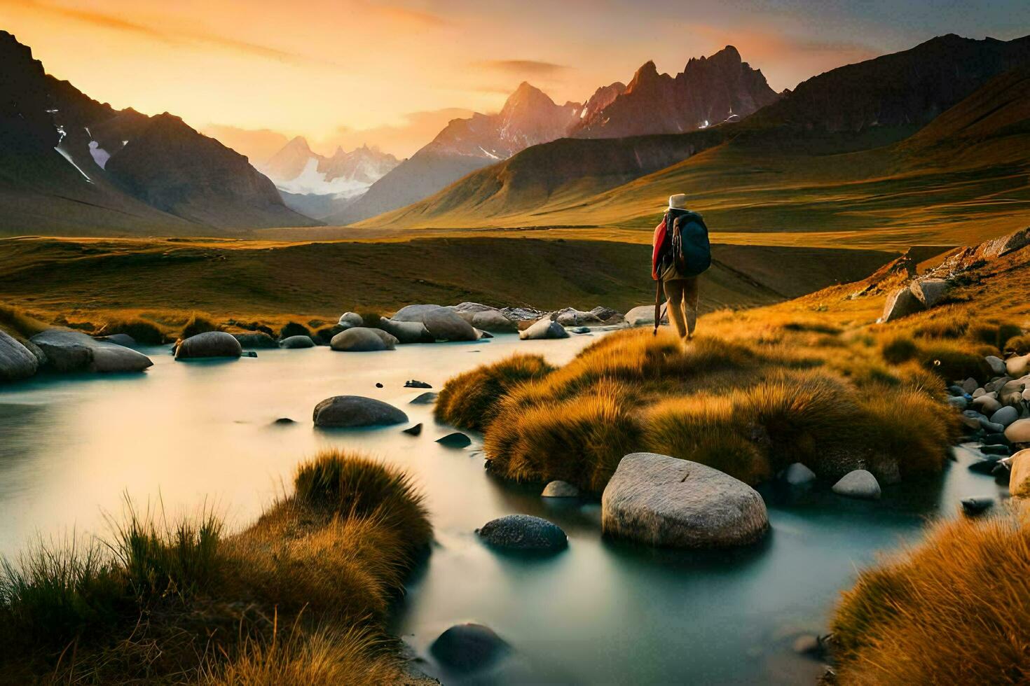 de Mens is staand Aan de rotsen in de midden- van de rivier. ai-gegenereerd foto