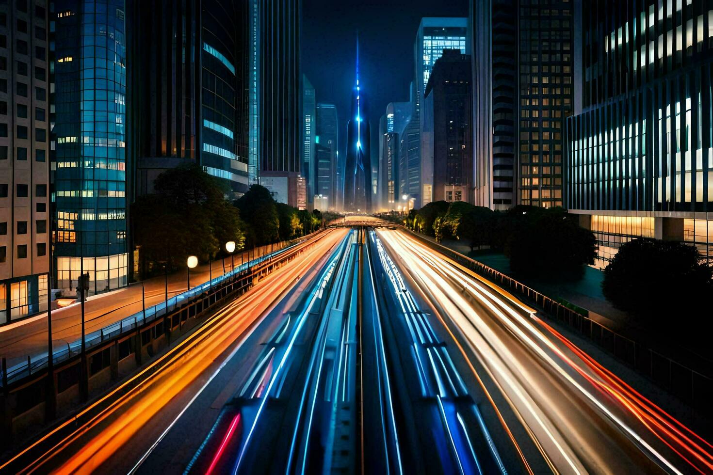 een stad straat Bij nacht met verkeer lichten. ai-gegenereerd foto