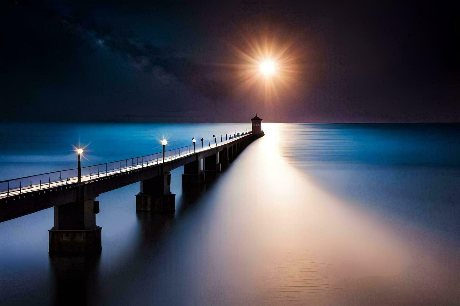 een lang blootstelling foto van een pier Bij nacht. ai-gegenereerd
