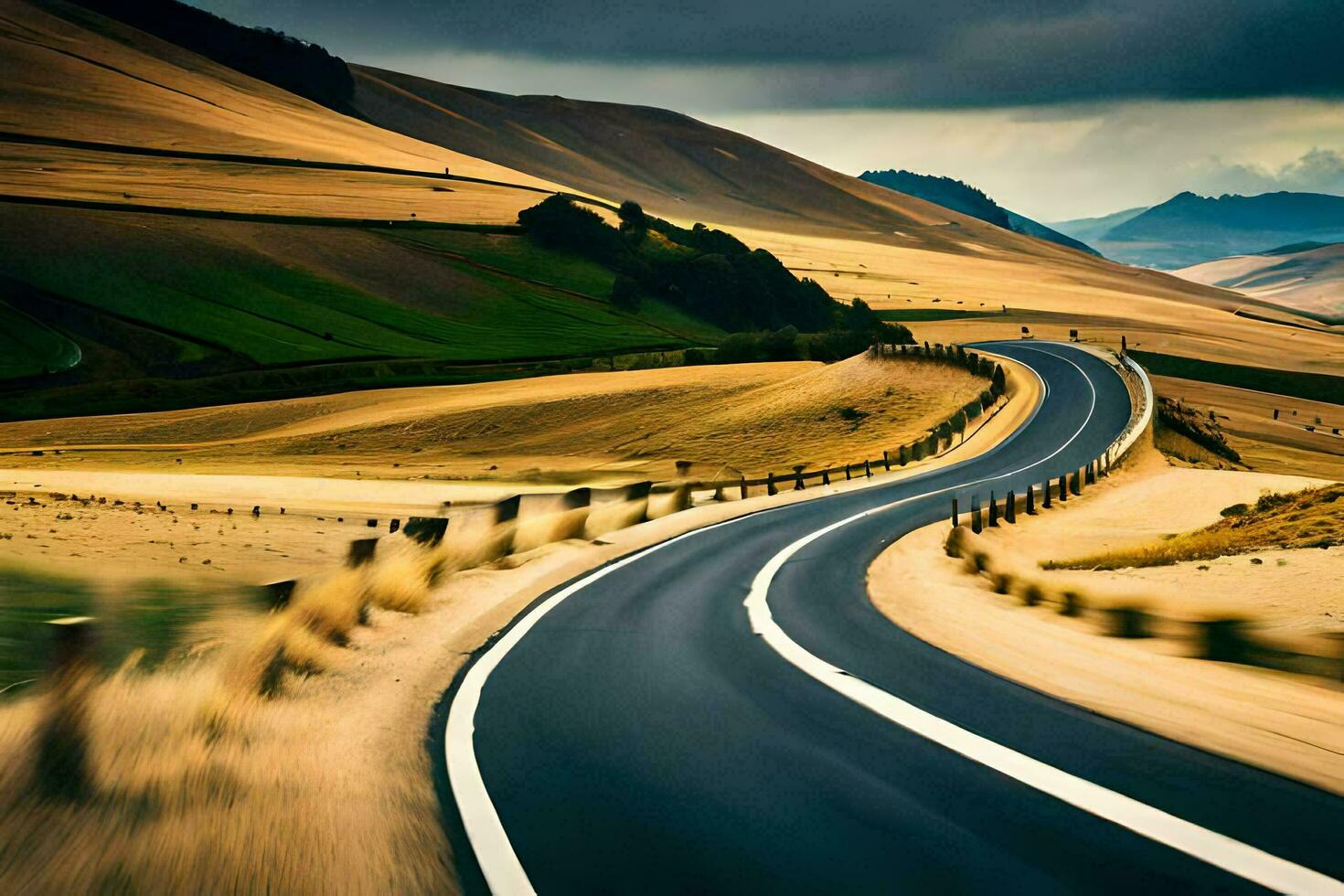 een lang, kronkelend weg in de midden- van een veld. ai-gegenereerd foto