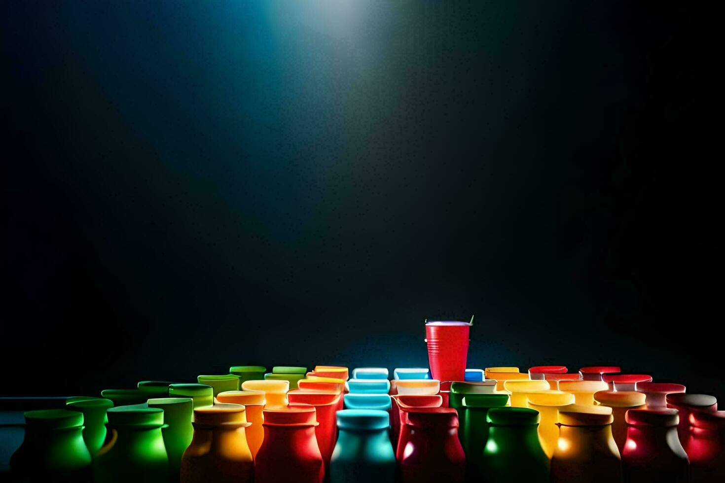 een rij van helder gekleurde plastic flessen. ai-gegenereerd foto