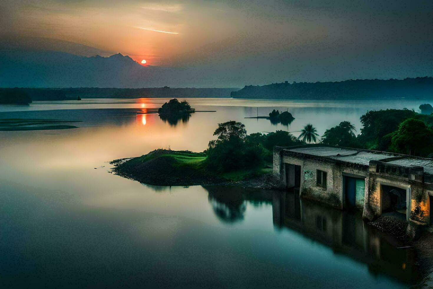 de zon sets over- een meer met een huis en een boot. ai-gegenereerd foto