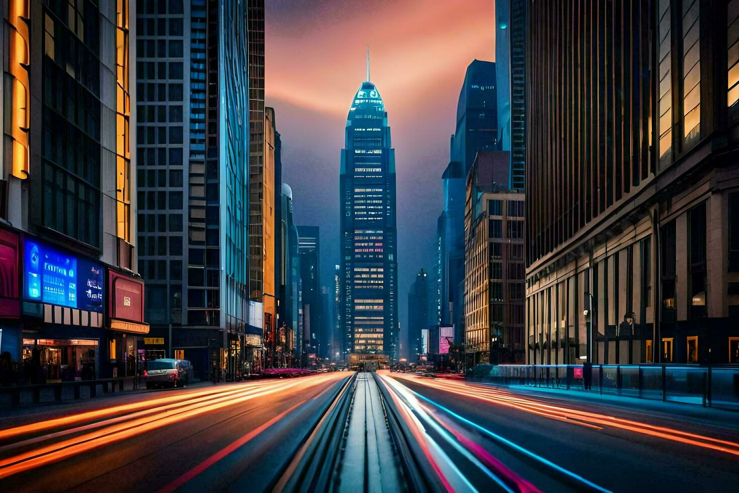 een stad straat met verkeer lichten en hoog gebouwen. ai-gegenereerd foto