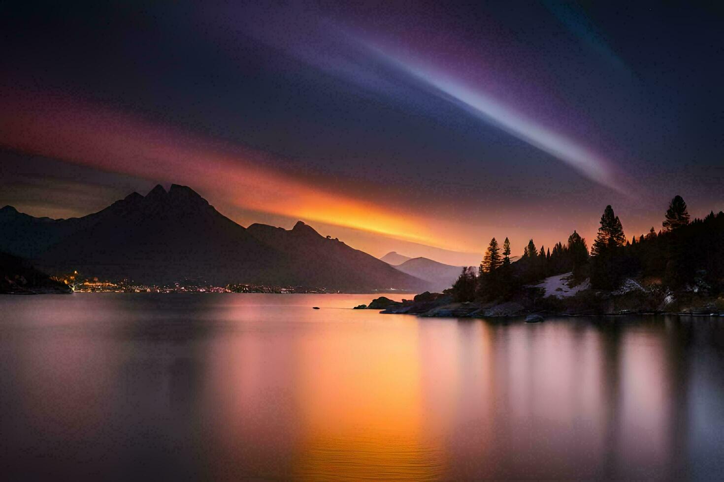 foto behang de lucht, bergen, meer, bomen, de lucht, de bergen, de meer. ai-gegenereerd