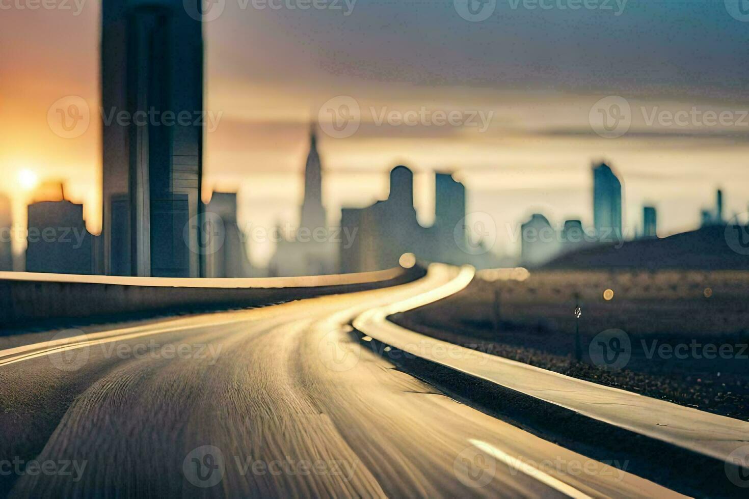 een snelweg met een stad horizon in de achtergrond. ai-gegenereerd foto