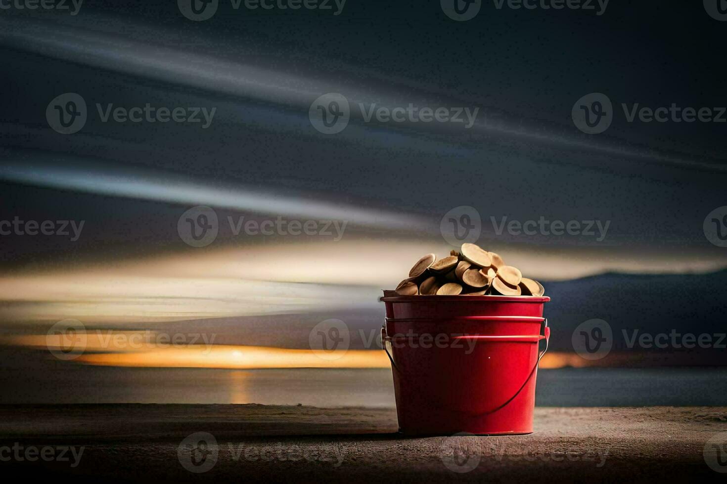 een rood emmer gevulde met hout Aan een houten tafel. ai-gegenereerd foto