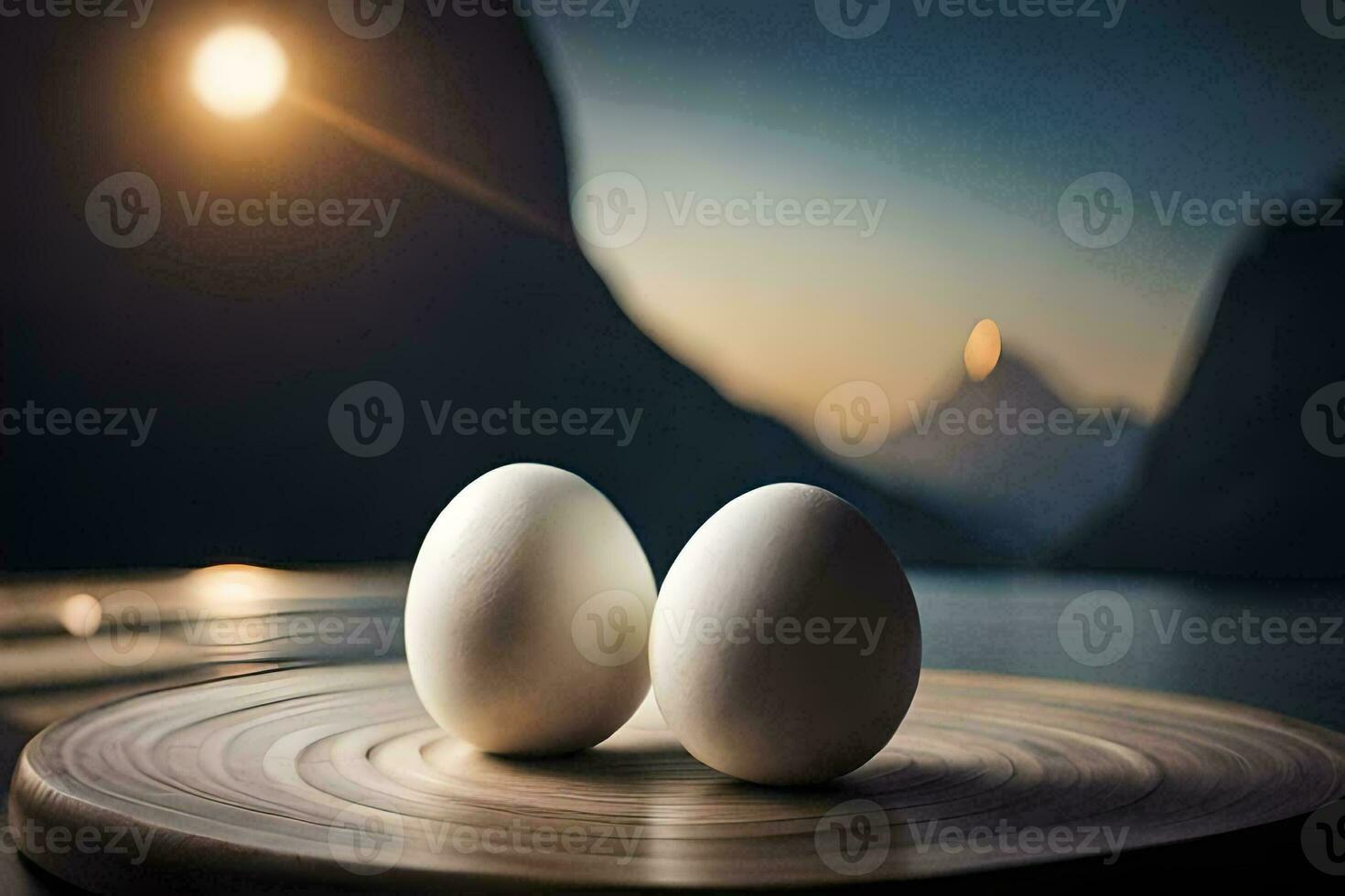 twee eieren Aan een houten tafel met een berg in de achtergrond. ai-gegenereerd foto