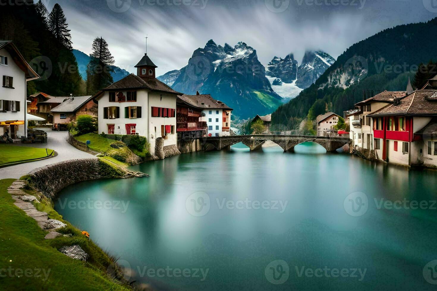 foto behang bergen, rivier, huizen, Zwitserland, Zwitserland, Zwitserland, Zwitserland. ai-gegenereerd