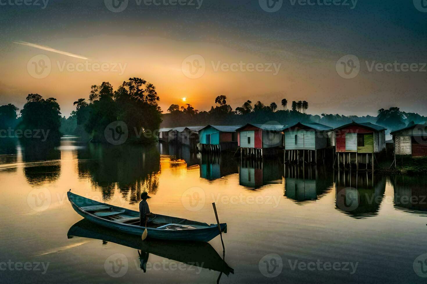 een Mens in een boot Aan de water Bij zonsondergang. ai-gegenereerd foto