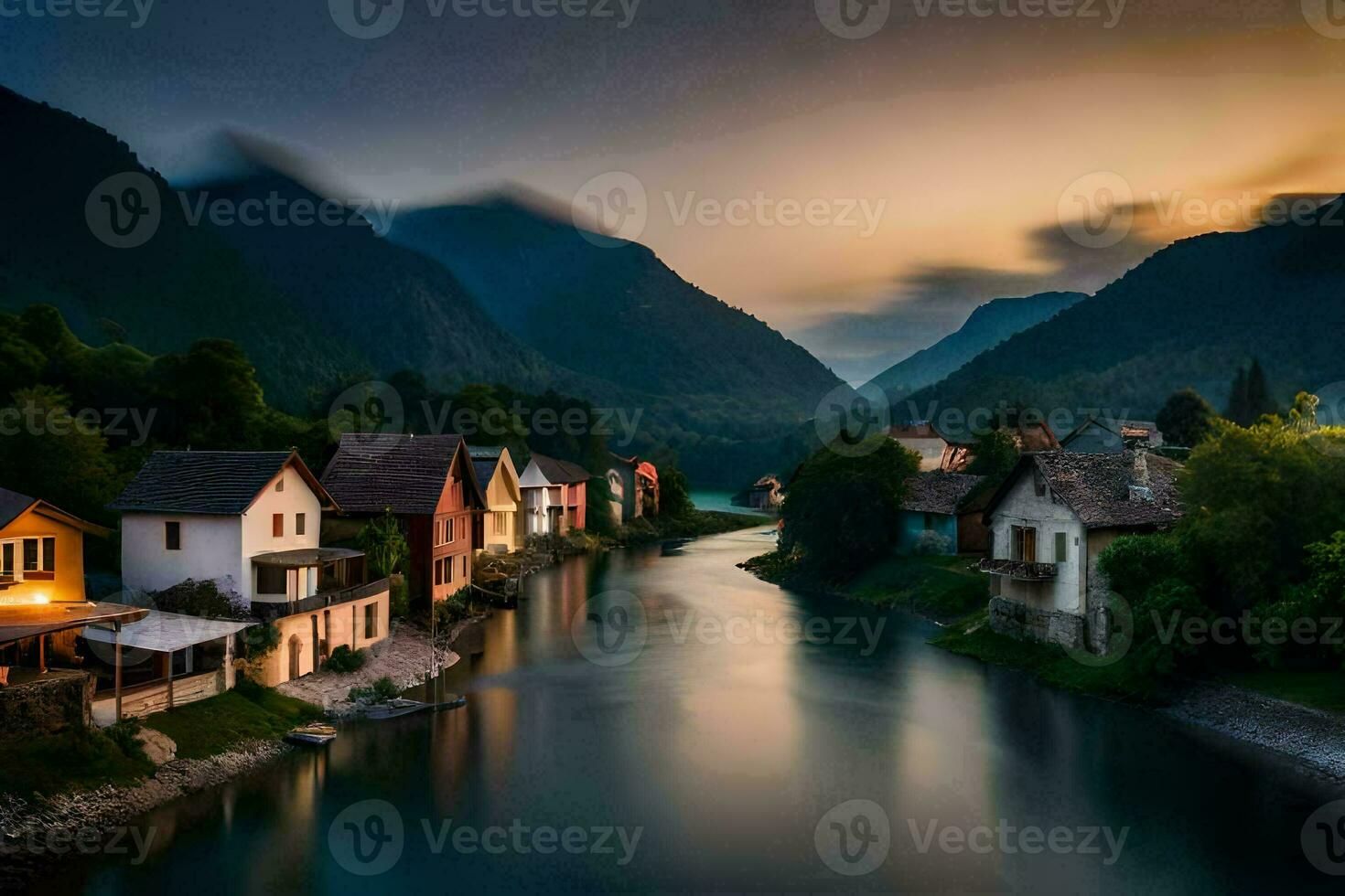 foto behang de lucht, bergen, rivier, huizen, zonsondergang, Slovenië, Europa. ai-gegenereerd