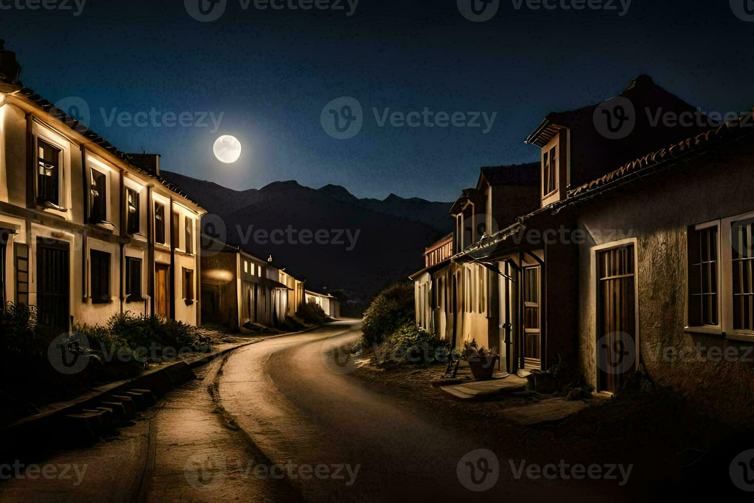 een straat Bij nacht met een vol maan. ai-gegenereerd foto