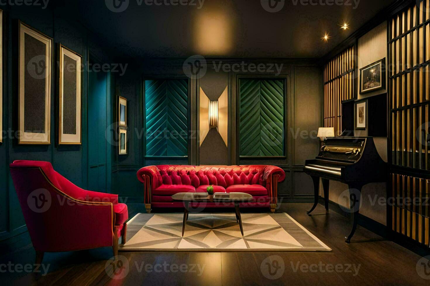 een leven kamer met een piano, rood bankstel en een muur van luidsprekers. ai-gegenereerd foto