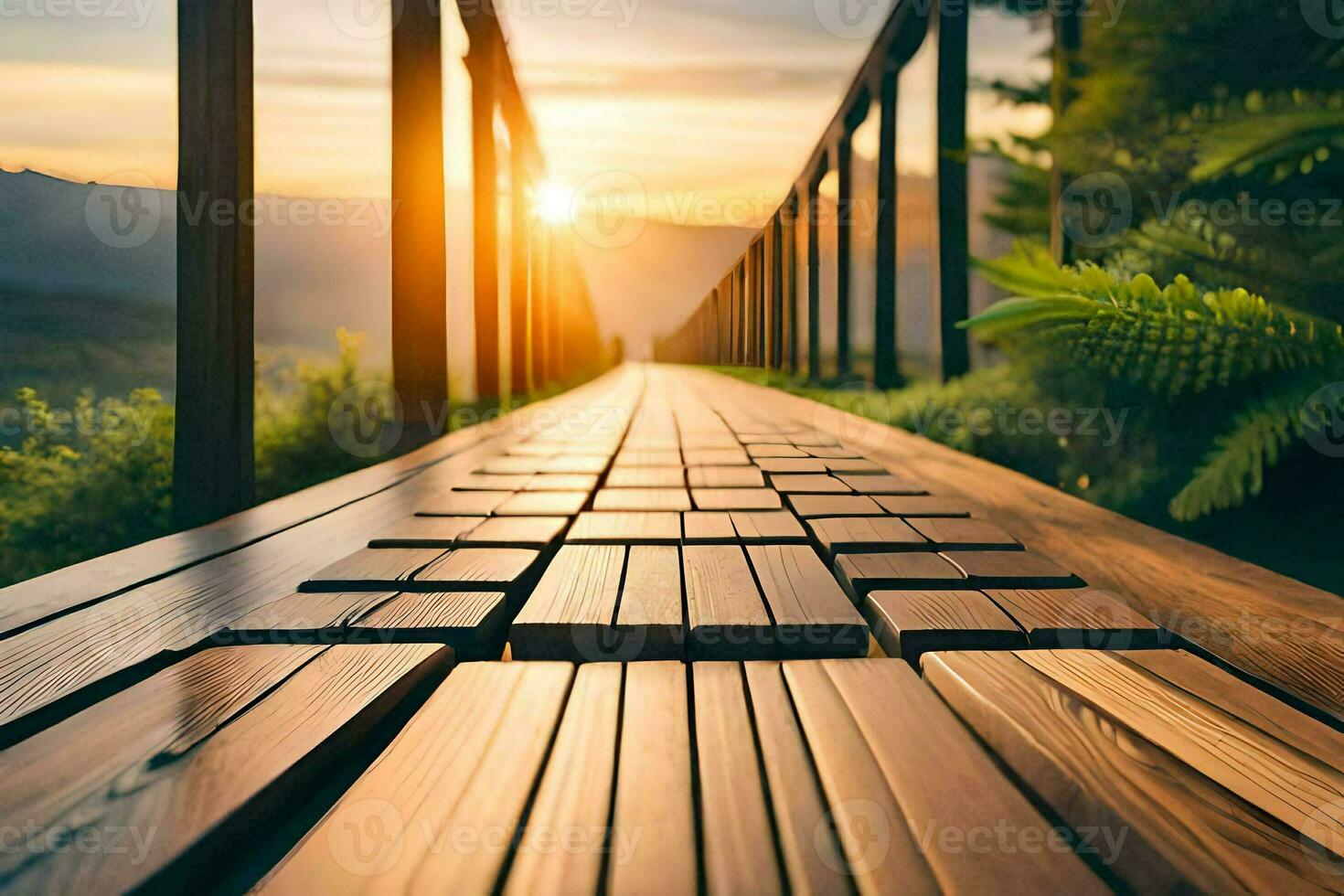 houten loopbrug in de zonsondergang. ai-gegenereerd foto