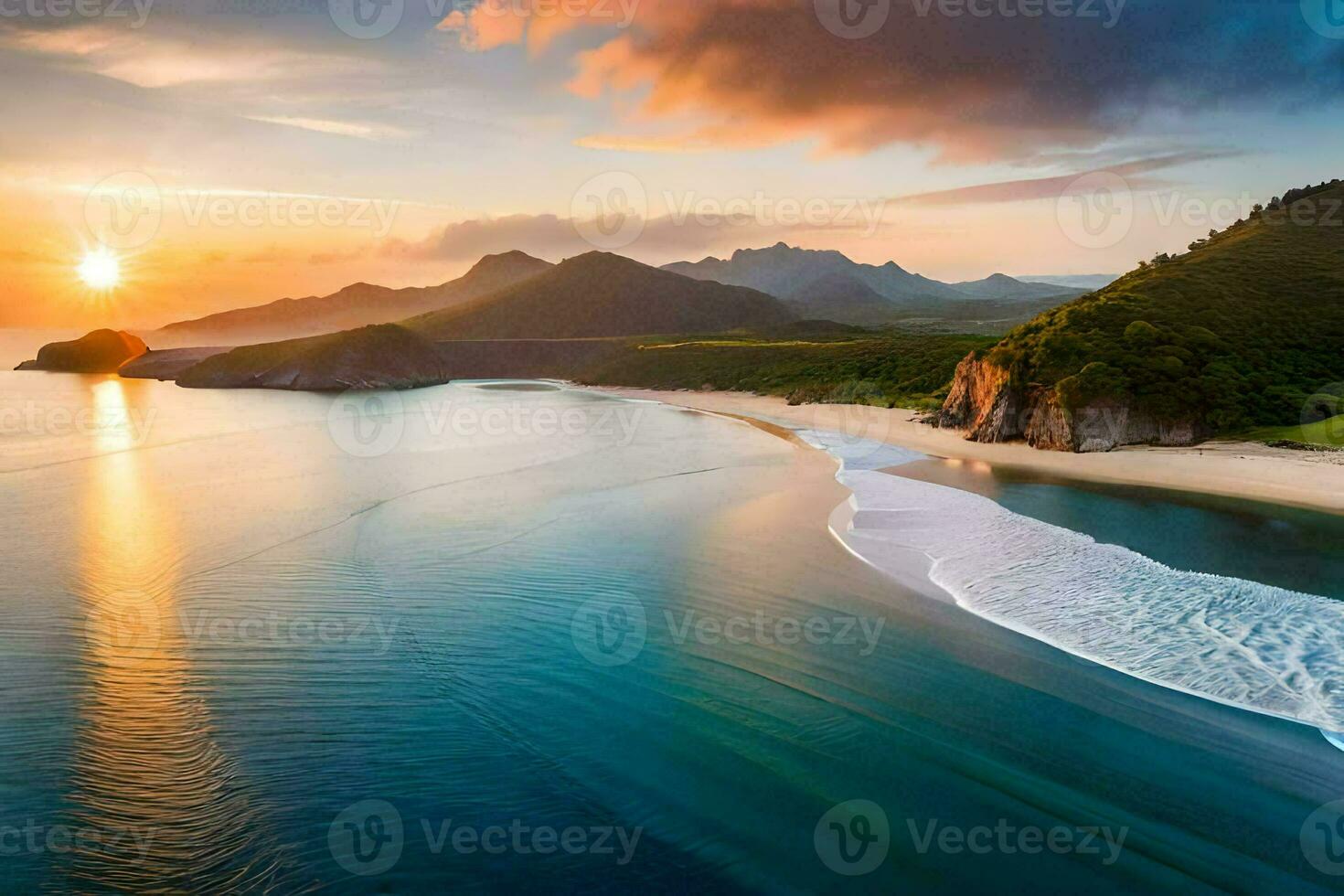 de zon sets over- de oceaan en bergen in deze mooi foto. ai-gegenereerd foto