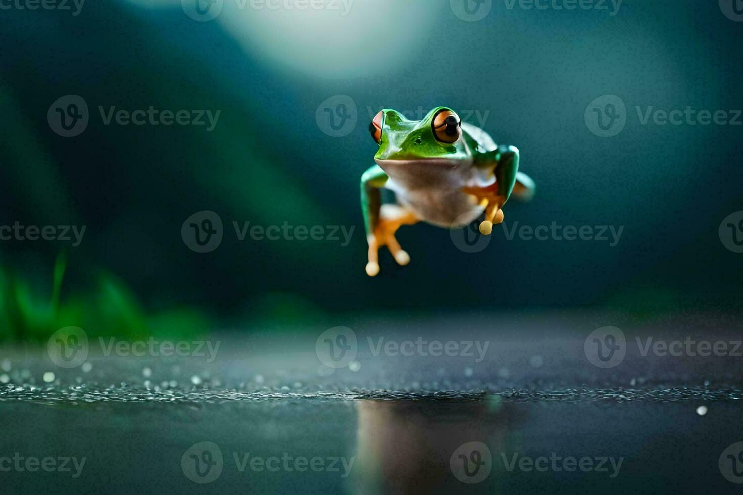 een kikker jumping over- een plas in de regen. ai-gegenereerd foto