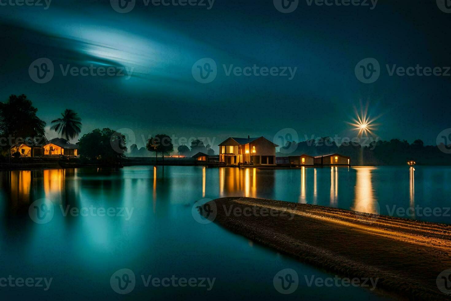 een huis Aan de water Bij nacht. ai-gegenereerd foto