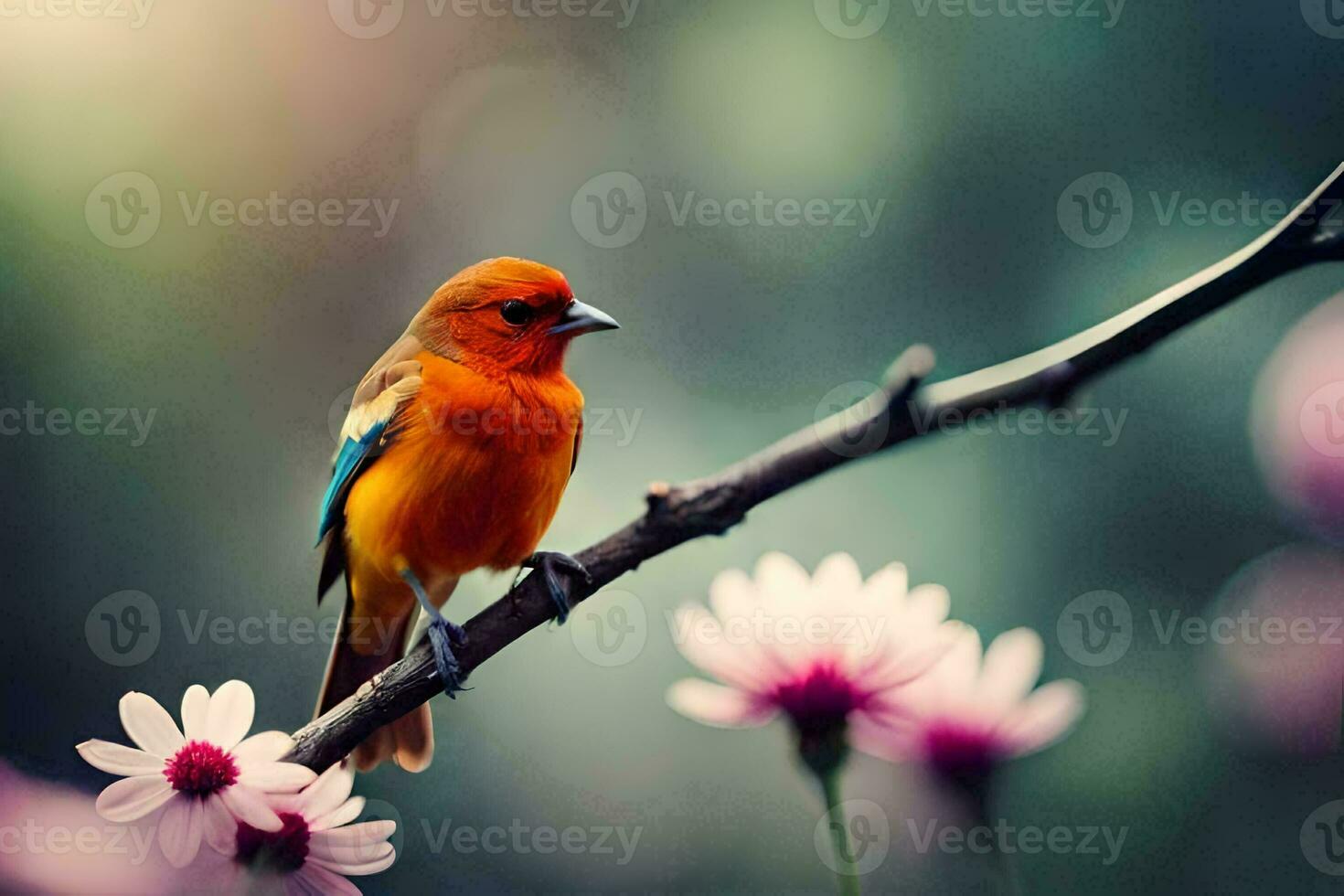 een klein oranje vogel is neergestreken Aan een Afdeling. ai-gegenereerd foto