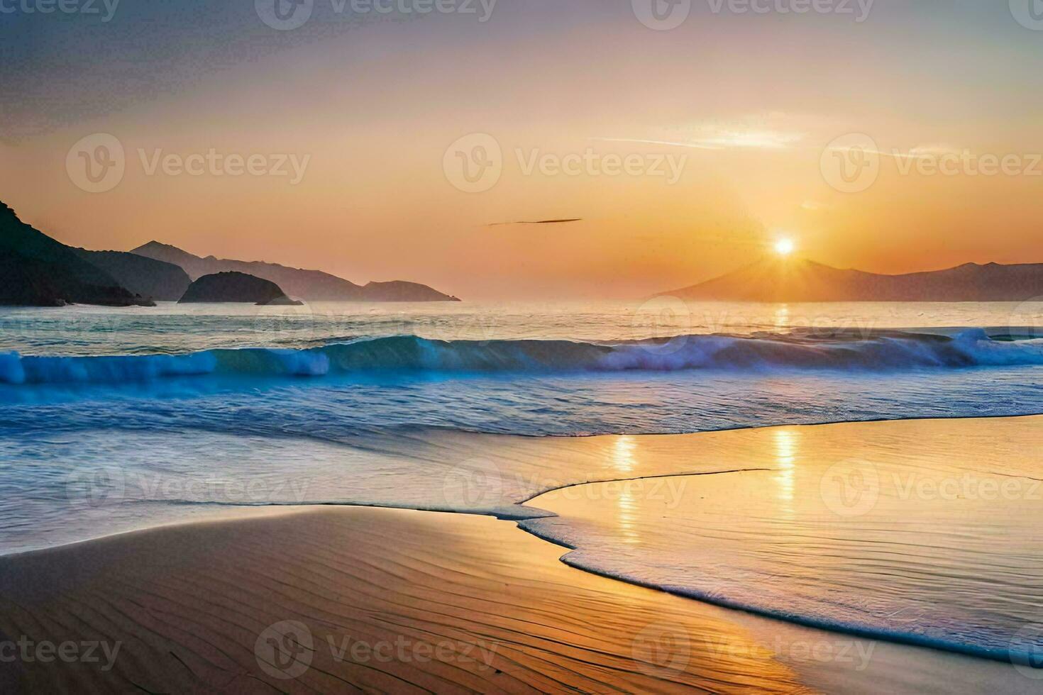 zonsondergang Aan de strand, golven, bergen, water, hd behang. ai-gegenereerd foto