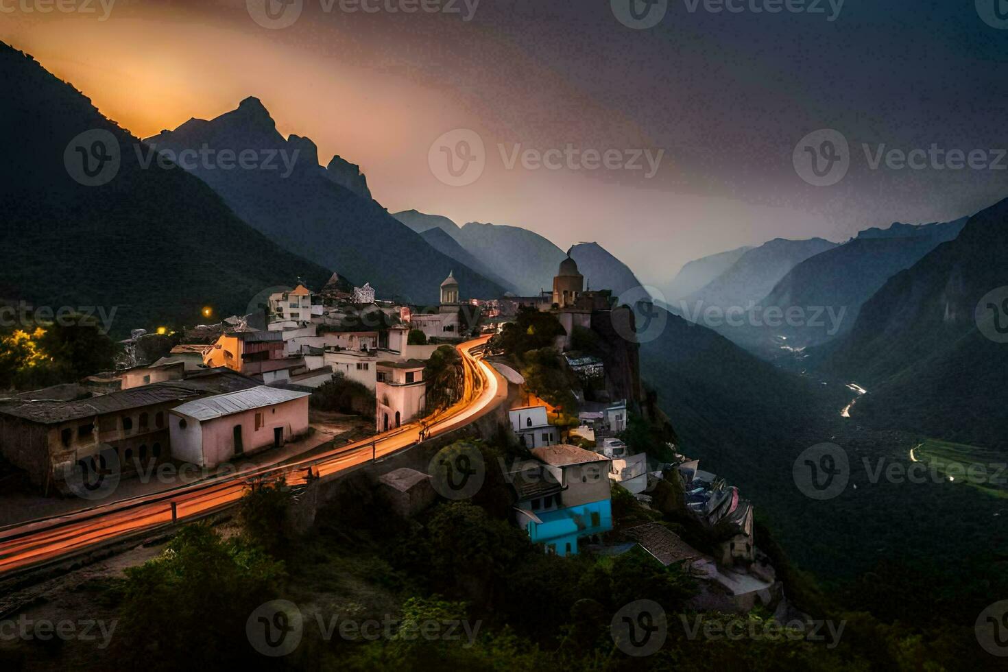 een stad- in de bergen Bij zonsondergang. ai-gegenereerd foto
