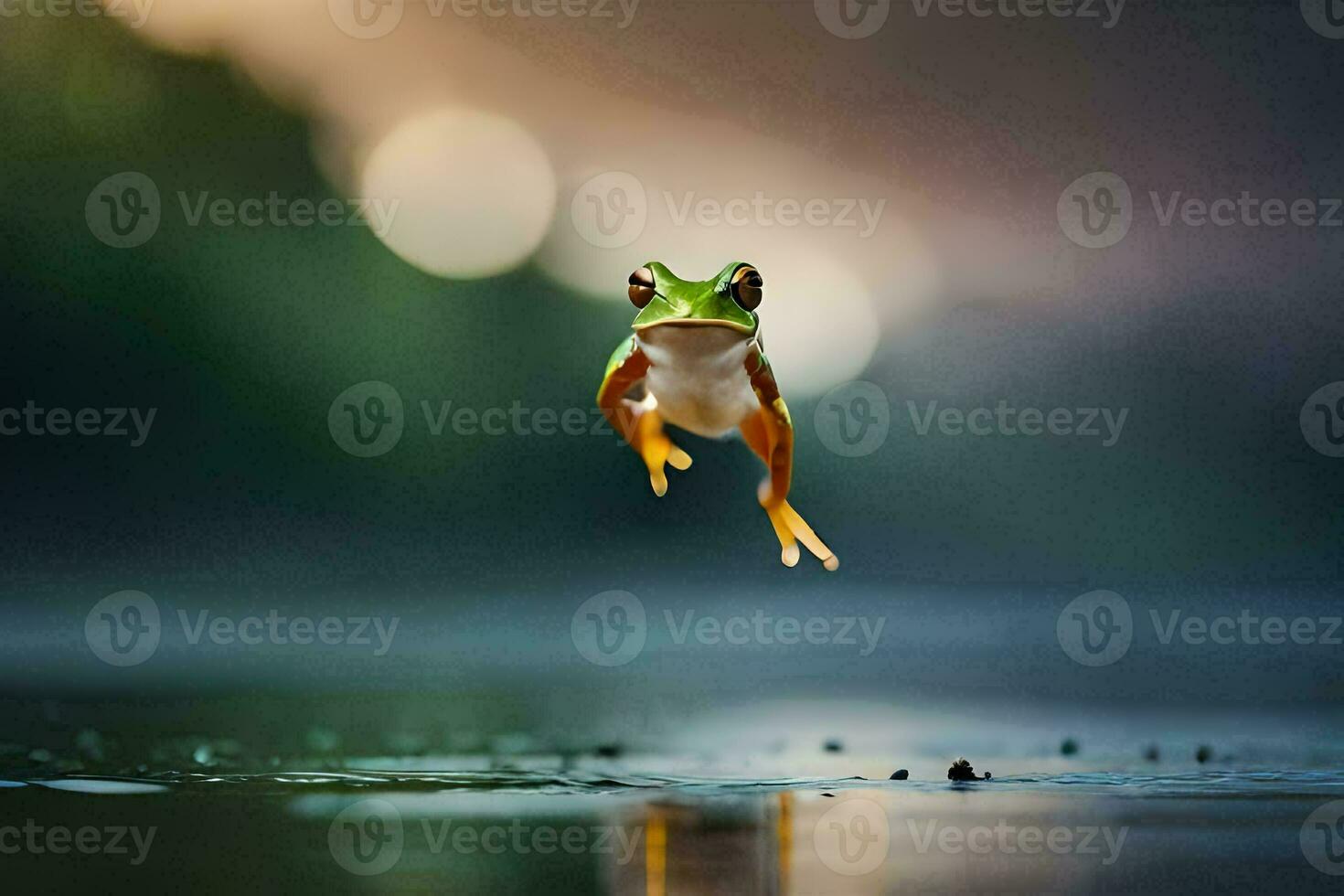 een kikker jumping uit van de water. ai-gegenereerd foto