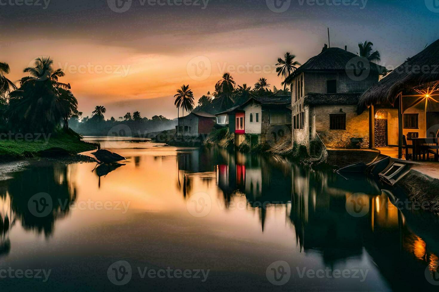foto behang de lucht, water, rivier, huis, zonsondergang, de dorp, de rivier,. ai-gegenereerd
