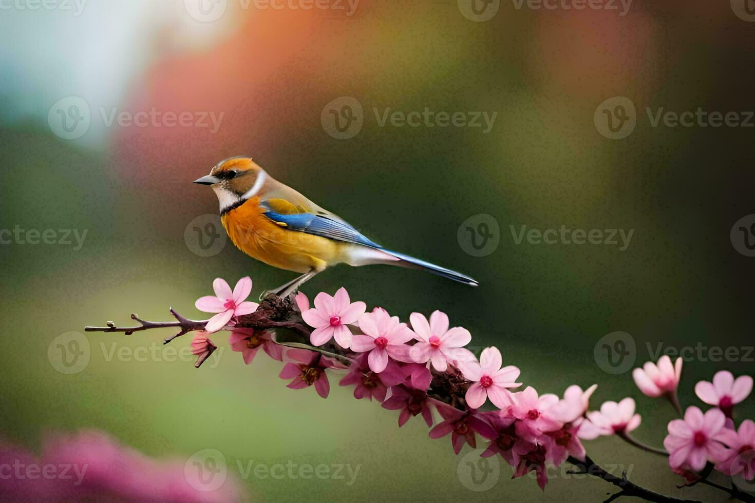 een vogel is neergestreken Aan een Afdeling van roze bloemen. ai-gegenereerd foto