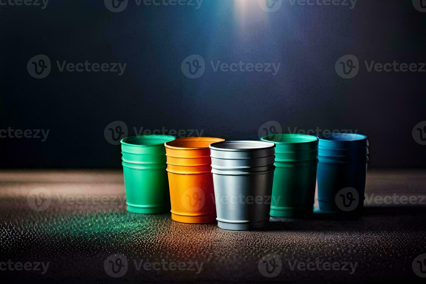 vier kleurrijk plastic cups Aan een tafel met een schijnwerper. ai-gegenereerd foto