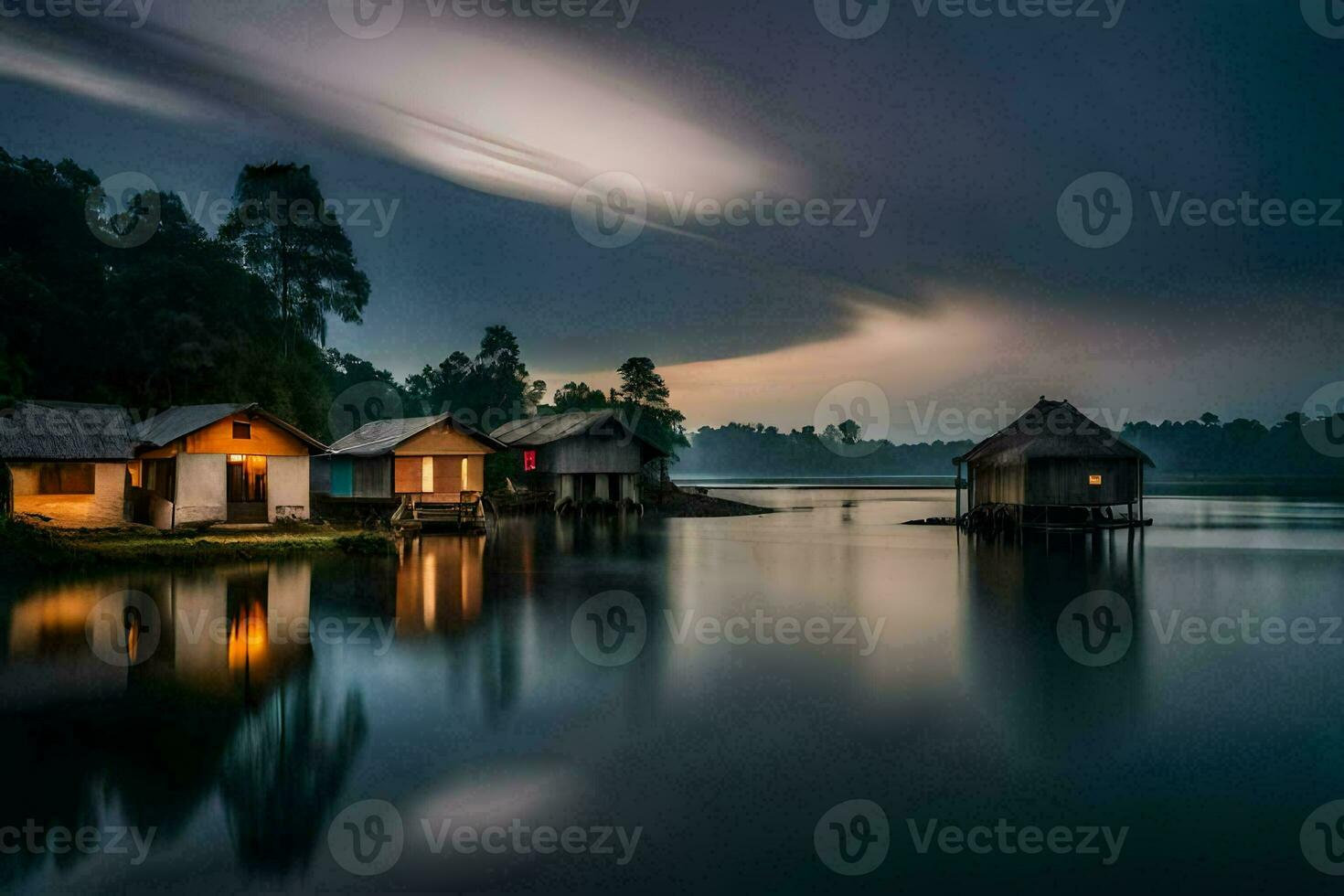 een meer met huizen Aan het Bij nacht. ai-gegenereerd foto