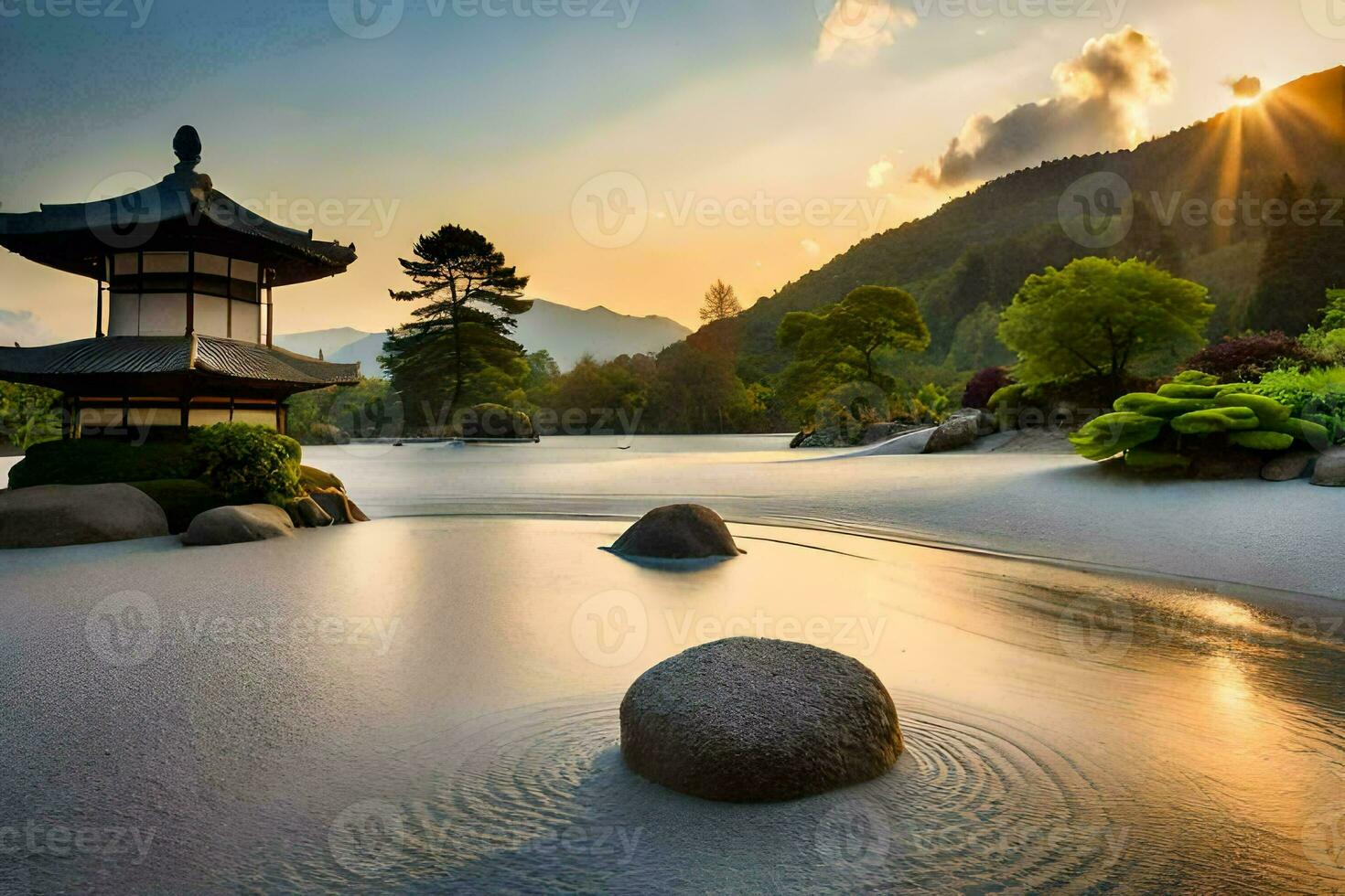 een Japans pagode in de midden- van een meer. ai-gegenereerd foto