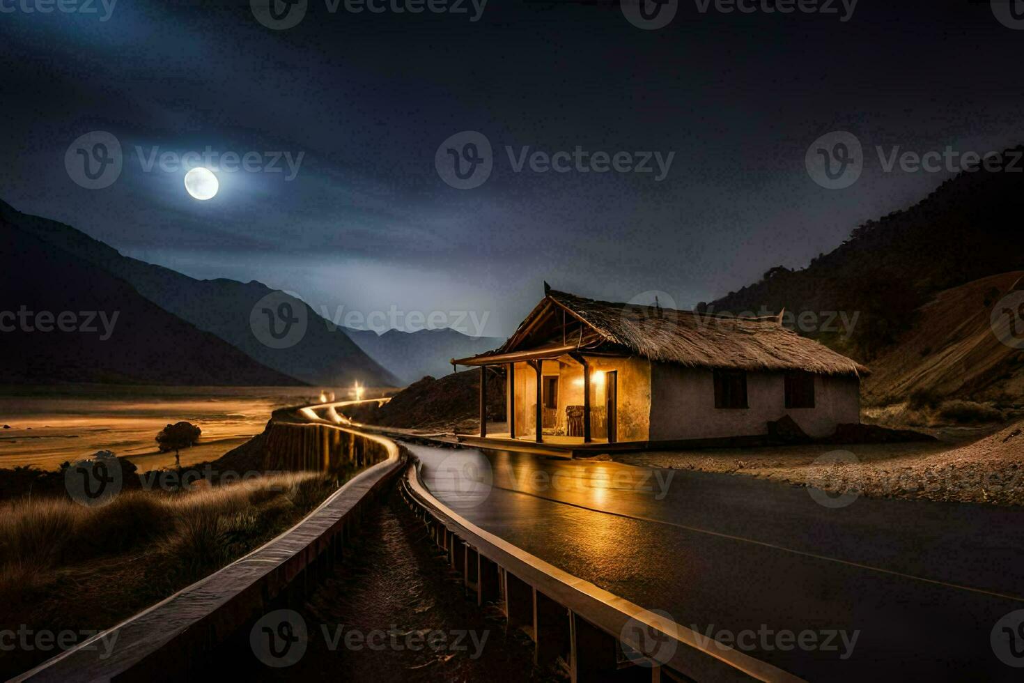 een huis Aan de weg Bij nacht met een vol maan. ai-gegenereerd foto