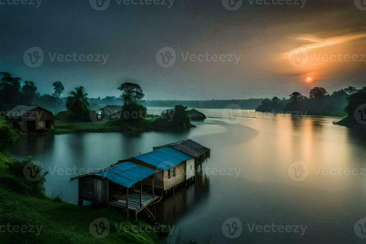 een klein huis zit Aan de kust van een rivier. ai-gegenereerd foto