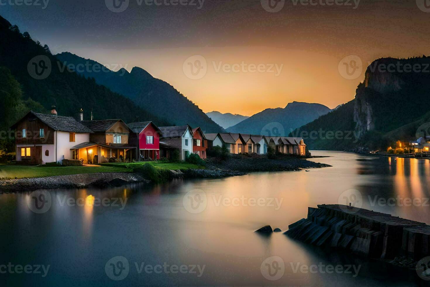 foto behang de lucht, bergen, water, huizen, de zee, de bergen, Noorwegen. ai-gegenereerd