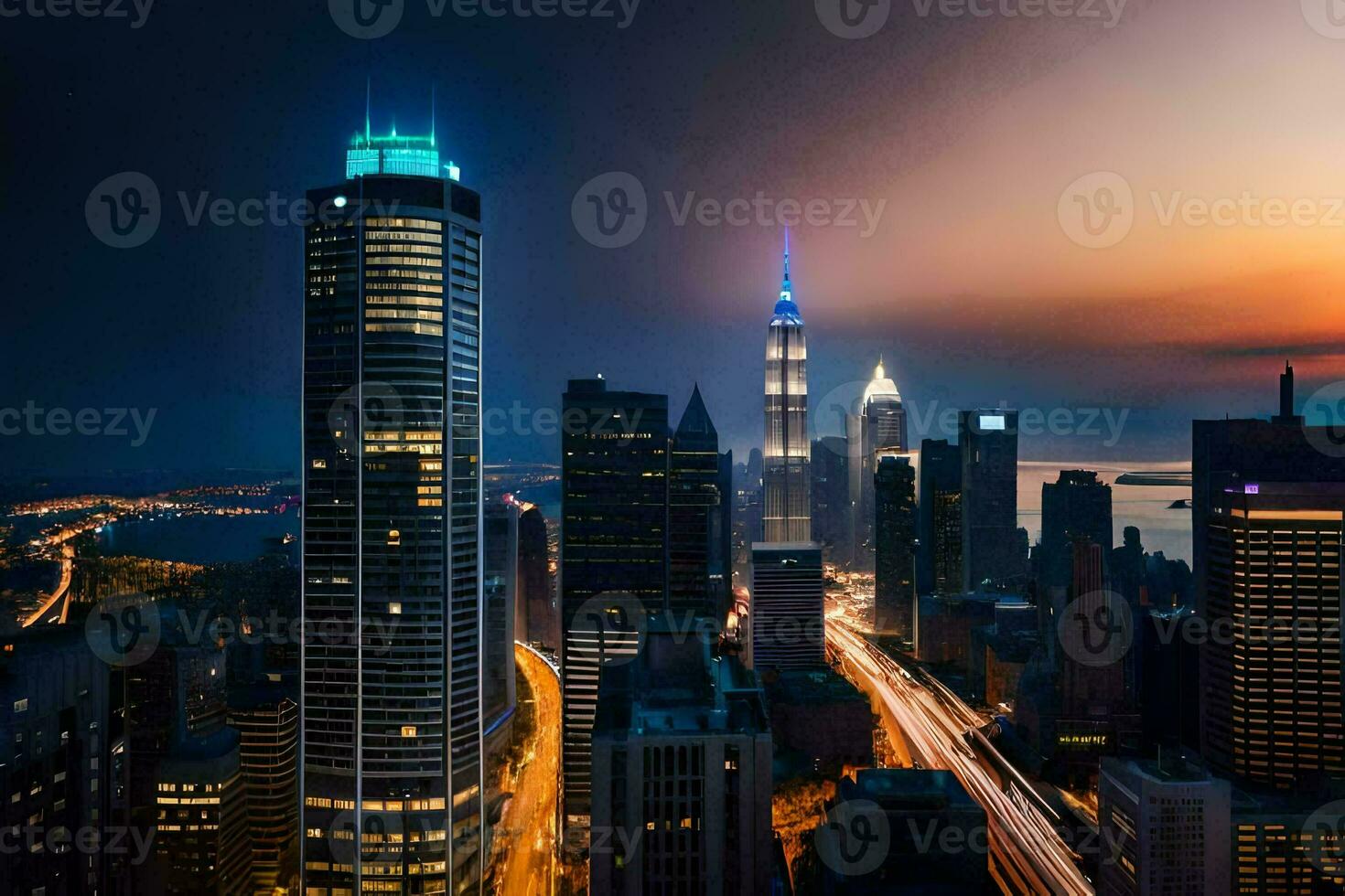 de stad horizon Bij nacht met verkeer lichten. ai-gegenereerd foto