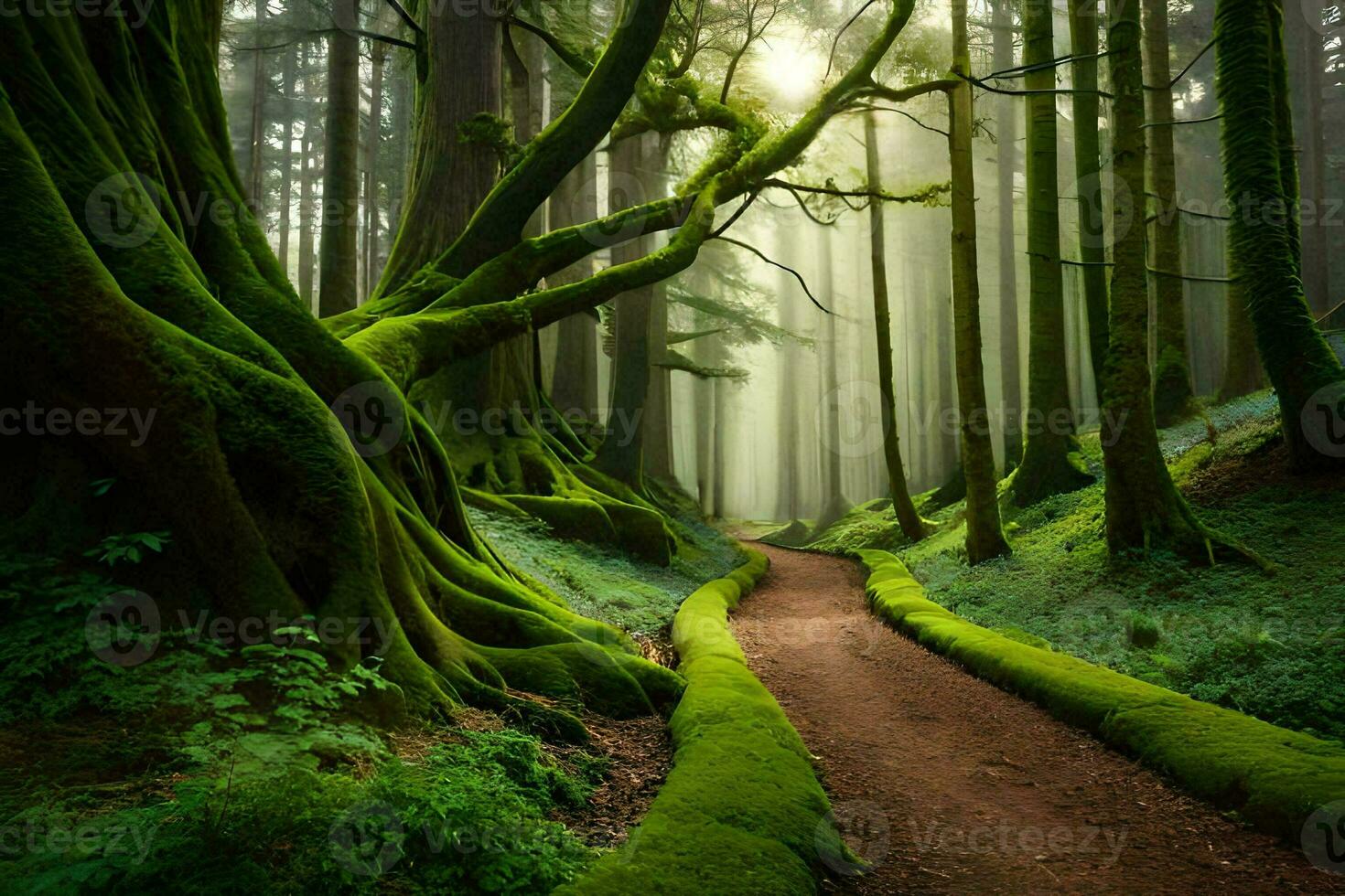 een pad door een Woud met bemost bomen. ai-gegenereerd foto