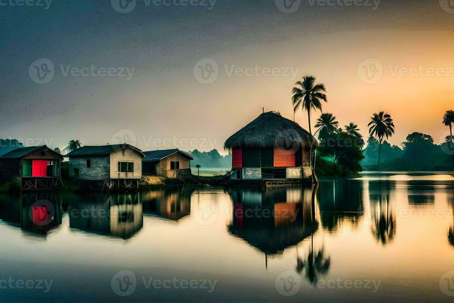 een klein dorp in de midden- van een meer. ai-gegenereerd foto