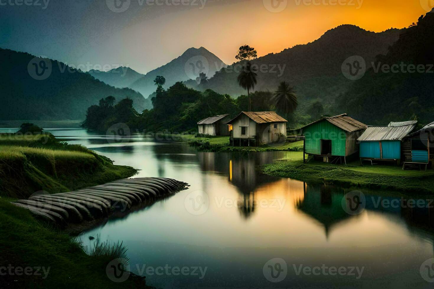 foto behang de lucht, water, bergen, huis, de platteland, de platteland, de bergen. ai-gegenereerd