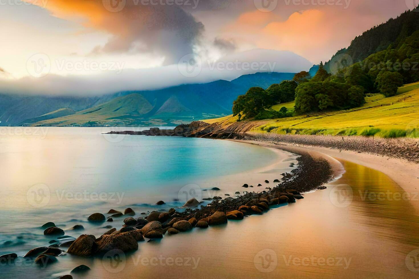 de strand en bergen Bij zonsondergang. ai-gegenereerd foto